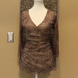 Juki 3/4 Sleeve Faux Wrap, Ruched Leopard Print Top.